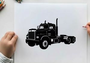 Silhouette of a large black semi truck on a white background