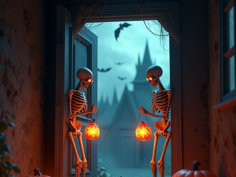 Halloween scene features skeletons holding jack-o'-lanterns.