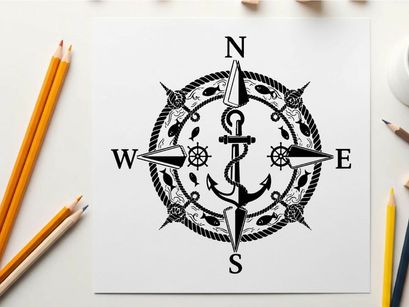 Nautical compass rose with anchor silhouette