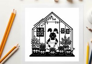 Rabbit in a greenhouse silhouette with plants and garden tools