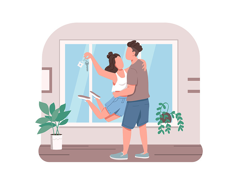 Young couple with new apartment key 2D vector web banner, poster