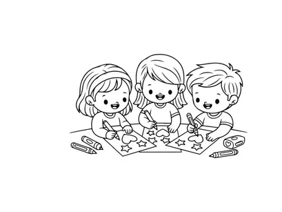 Three kids drawing together vector illustration flat design