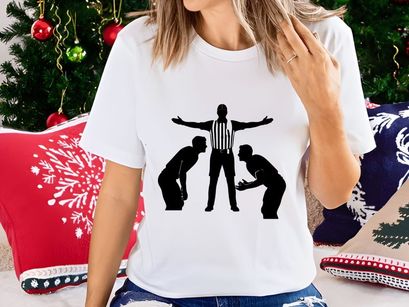 Referee separating two boxers in a boxing match with outstretched arms