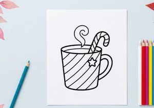 Hand-drawn Christmas mug with candy cane and steam for festive holiday celebrations
