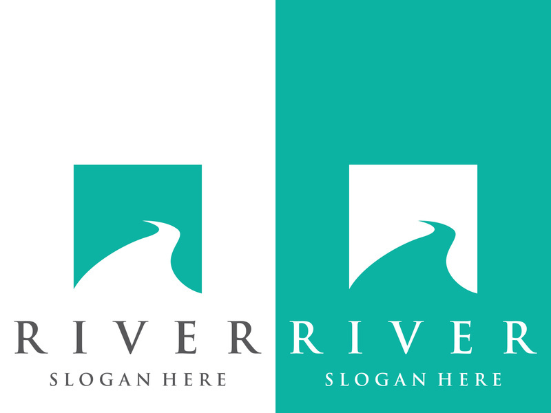 Logos of rivers, creeks, riverbanks and streams. River logo with combination of mountains and farmland with vector concept design.