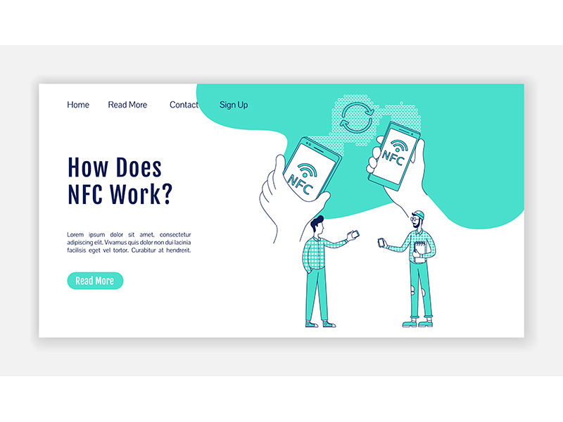 NFC work principle landing page flat silhouette vector template