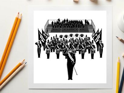 Marching band performance in silhouette at outdoor stadium