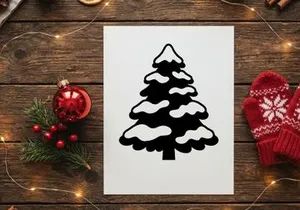 Black silhouette of a Christmas tree with snow on branches isolated on white background