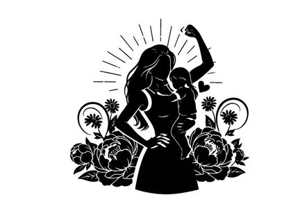 Empowered mother silhouette with child and floral elements