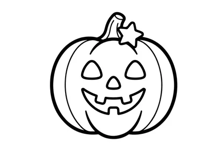 Hand-drawn Halloween jack-o-lantern with glowing smile and star. Cute cartoon pumpkin face illustration for festive autumn decor and party designs.