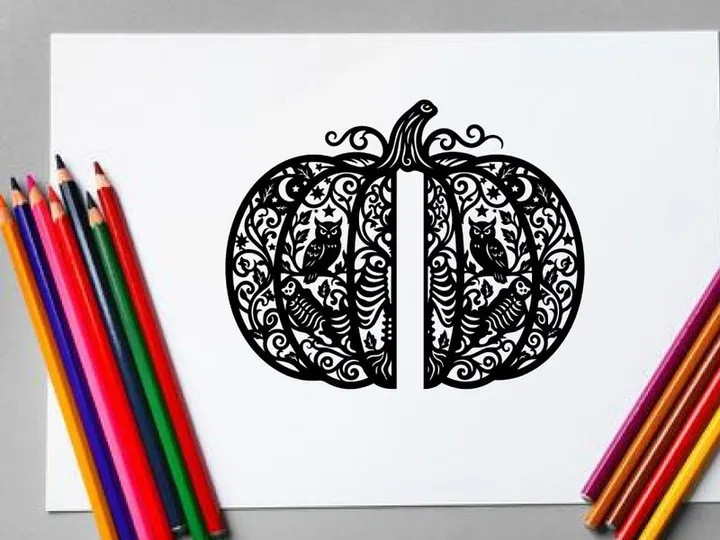 Intricate Halloween Pumpkin with Owls and Swirling Patterns