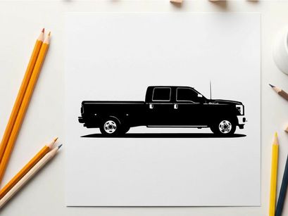Silhouette of a large black pickup truck against a white background