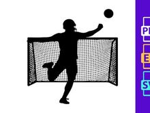 A soccer goalkeeper jumping to block a penalty kick in a match