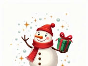 A cheerful snowman with a red hat and scarf holds a green wrapped gift.