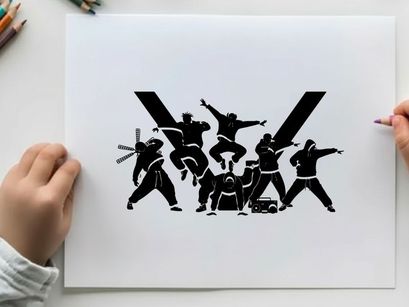 Silhouette of ninja warriors in dynamic poses forming a letter