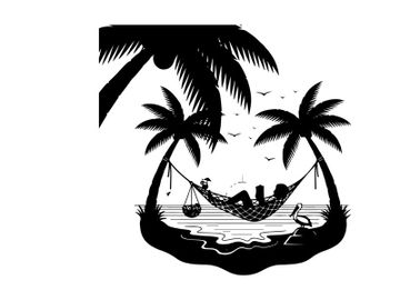 Couple relaxing in hammock between palm trees silhouette preview picture