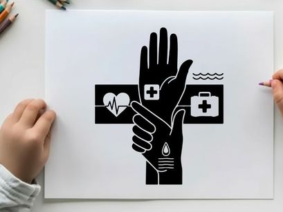 Ilustración vectorial de manos sosteniendo un corazón, ayuda médica