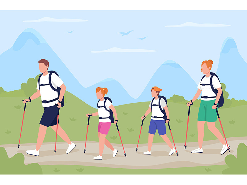 Family on trekking trip flat color vector illustration