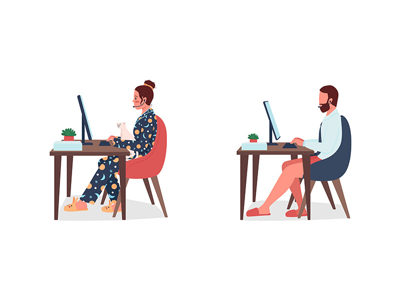 Freelancers in underwear at work flat color vector character set