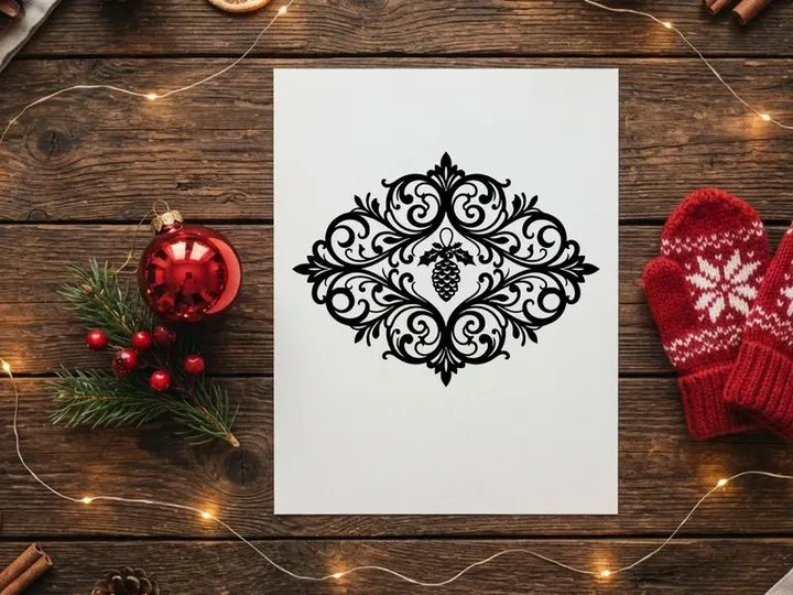 Christmas pine cone icon with elegant black floral filigree ornament on white background