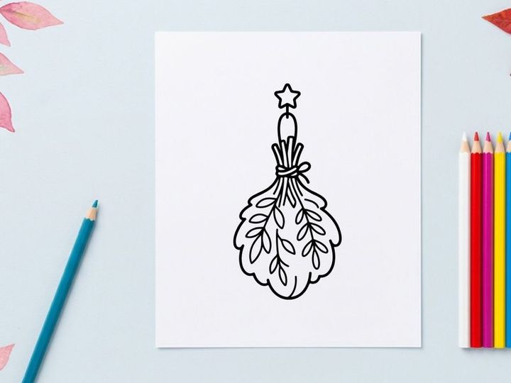 Hand-drawn Halloween mistletoe with golden star ornament. Spooky holiday kissing sprig illustration for festive decor and greeting cards.