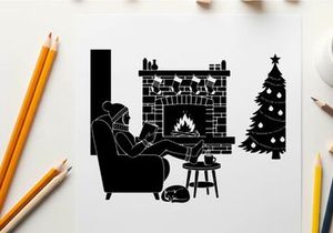 Cozy silhouette of man reading by christmas fireplace