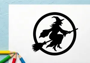 Silhouette of a witch riding a broomstick in a circular frame
