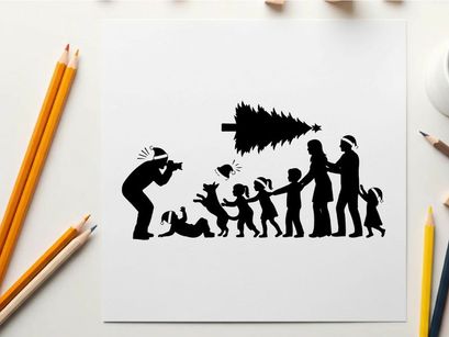 Family decorating christmas tree in silhouette