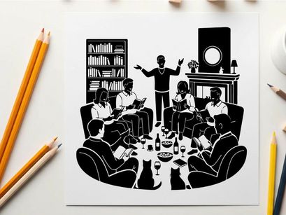 Silhouette of people gathered around a table with a speaker