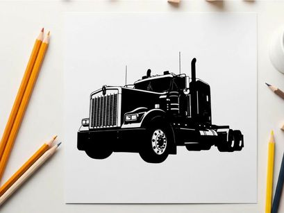 Black silhouette of a large truck with grille and exhaust pipe