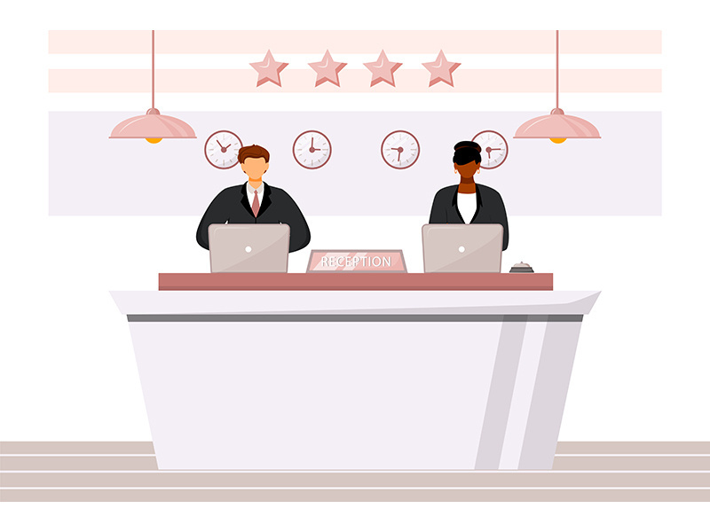 Receptionists at front desk flat color vector illustration