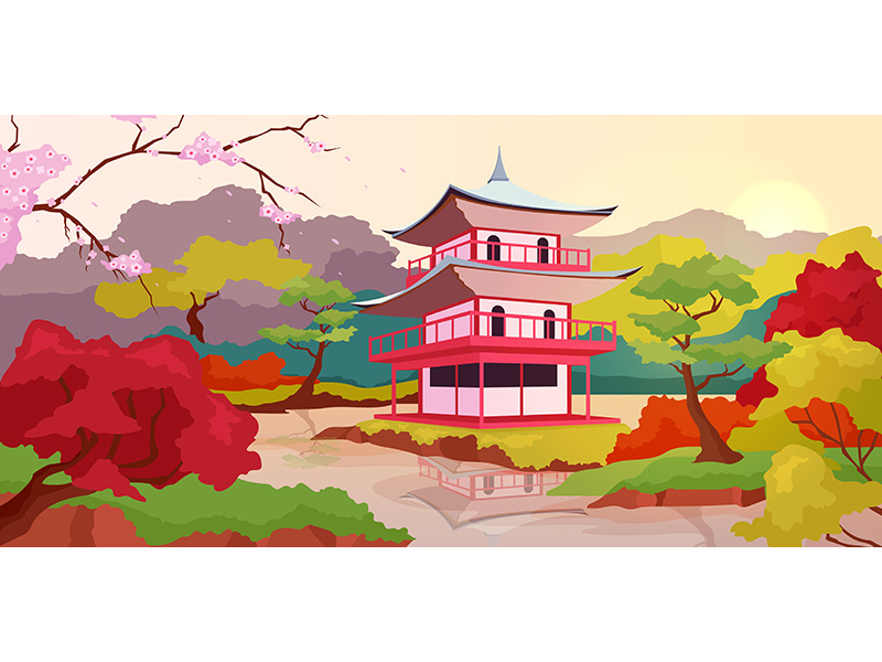Japanese pagoda flat color vector illustration