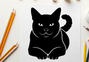 Black cat silhouette with white outline and eyes