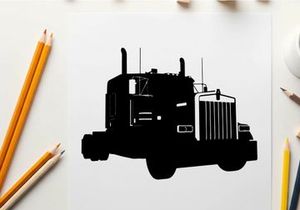 Silhouette of a semi truck against a white background
