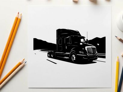 Silhouette of a semi truck on the road with mountains