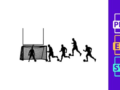 Silhouette illustration of soccer players in action near a goal