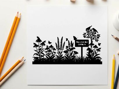 Silhouette of a pollinator garden with birds and flowers