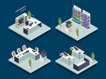 Modern book library isometric color vector illustrations set preview picture