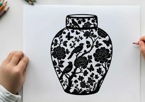 Silhouette of a decorative vase with floral pattern and birds