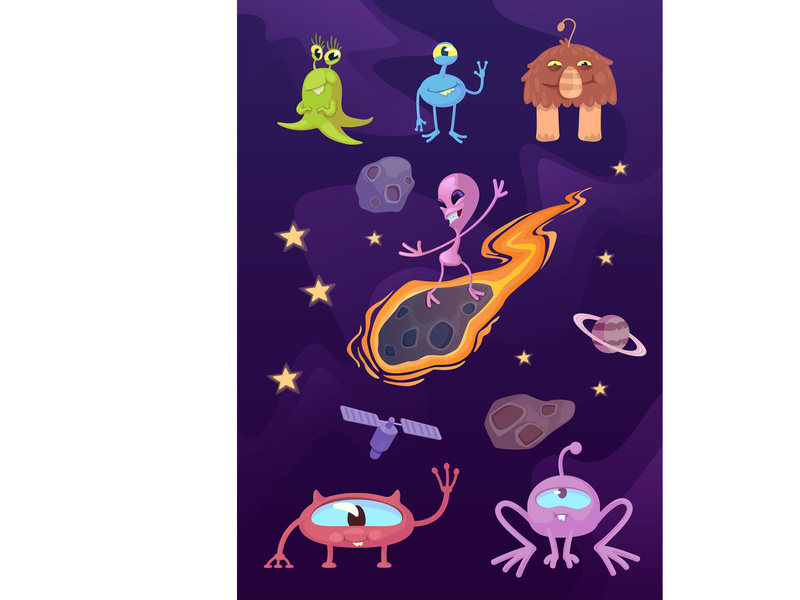 Aliens, fantastic creatures flat cartoon vector illustrations kit