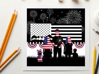 Patriotic family silhouette watching fireworks on american independence day