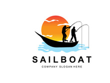 Sailboat Logo Design, Fishing Boat Illustration, Company Brand Vector Icon