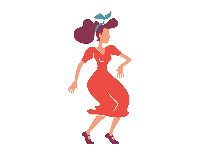 Rockabilly style lady dancing flat color vector faceless character