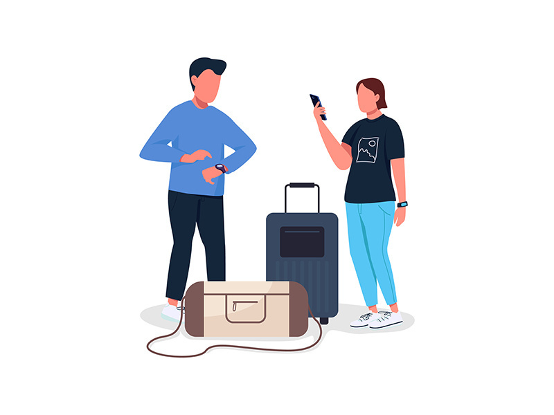 Couple waiting for flight flat color vector faceless characters