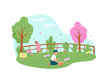Easter egg hunting 2D vector web banner, poster preview picture