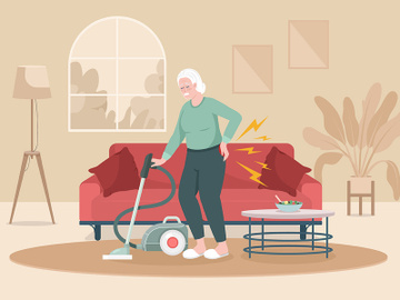 Senior woman with back pain cleaning house flat color vector illustration preview picture