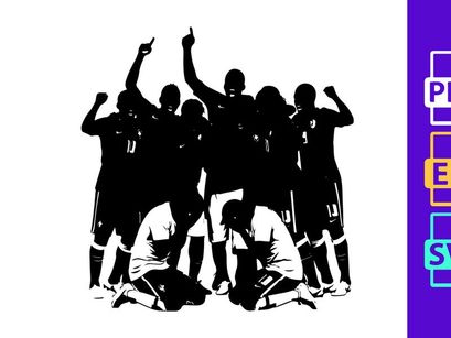 Soccer players celebrating with arms raised in triumph and sorrow