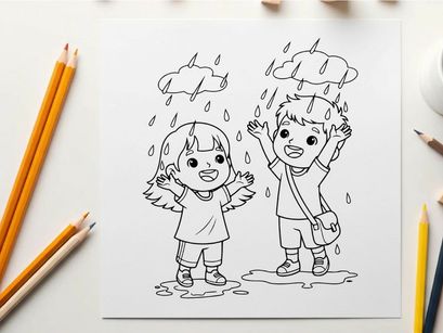 Children playing in rain vector illustration flat design