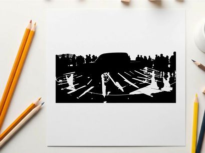 Silhouette of a car and crowd on a reflective surface