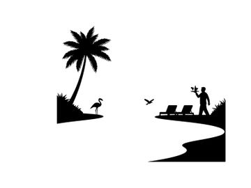 Beach scene with silhouette of palm tree and waiter preview picture